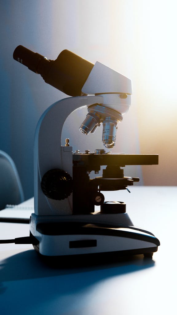 A side view of a modern light microscope on a white laboratory table, bathed in soft natural light.
